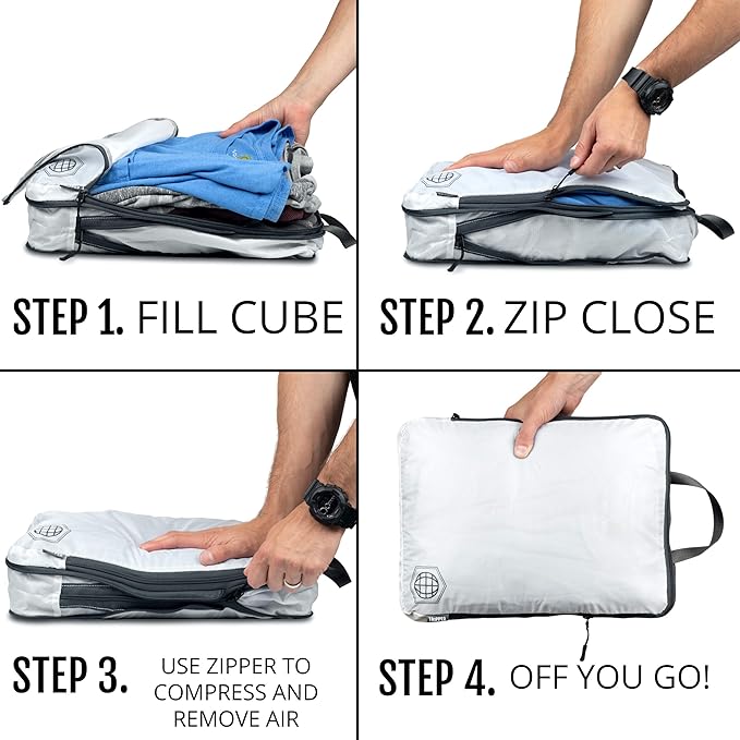 Large Compression Packing Cubes for Travel-Packing Cube Luggage Organizers 4 Piece Set for Checked Luggage-Ultralight Expandable/Compression Bags by TRIPPED Travel Gear (White 4 Piece)