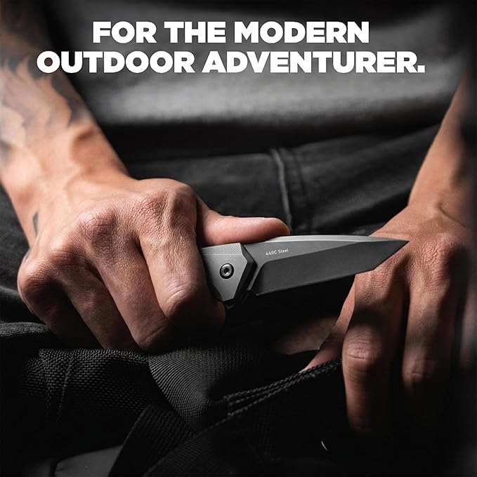 Tactical Pocket Knife - EDC Folding Knife with 440C Stainless Steel Tanto Blade Black Coated Gray Aluminum Handle Liner Lock &amp Deep Carry Clip for Men Outdoor Survival Camping Valentine's Gi