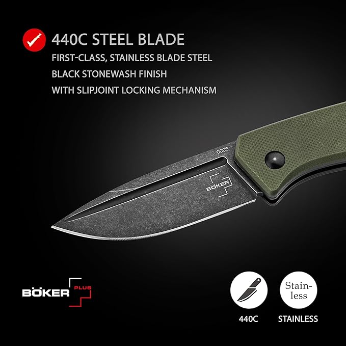 BÖKER PLUS® Worldwide 2.0 Pocket Knife - legal EDC two-handed folding knife with clip - slipjoint - G10 handle green - drop point - black blade - professional outdoor