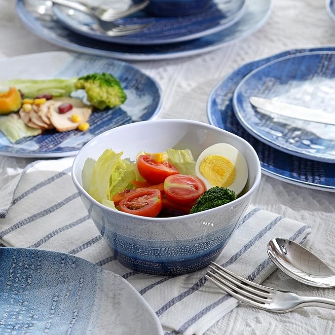 12PCS Melamine Dishes Set Blue Plates and Bowls Sets for Outdoor Camping EssentialsLightweight and Durable Just Stack them directly in the Backpack