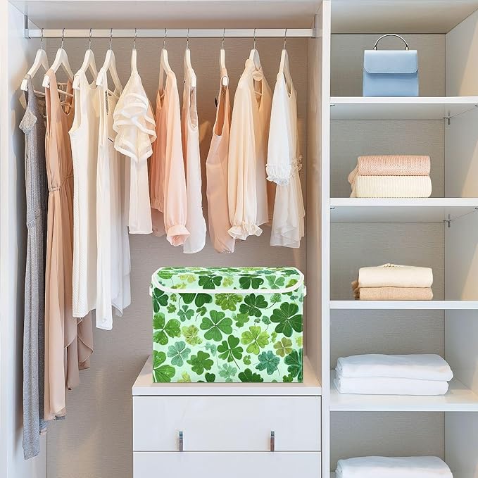 Mint Green Clover Leaf Speckle Storage Box with Lid 1 PC Foldable Storage Bin with Lids Stackable Storage Bins Cube Closet Organizer Basket with Flip-Top Lid &amp Handles for Shoes Books Towels