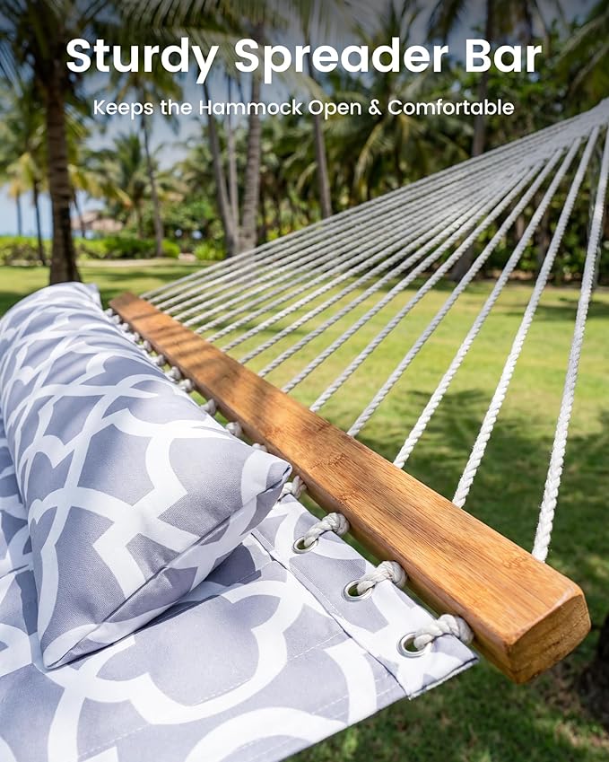ANAGOO Double Quilted Outdoor Hammock for 2 Adults 500lb Capacity Backyard &amp Camping Hammock with Pillow and Bamboo Spreader Bar Fits 11–15ft Hammock Stands (Stand Not Included)Light Gray