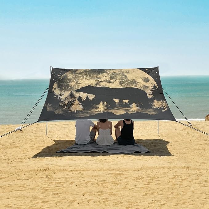 ALAZA Moon Bear in Forest on Black Beach Tent Sun Shelter Portable Canopy Sunshade for Outdoor Camping Picnics Backyard Fun 10x9 ft