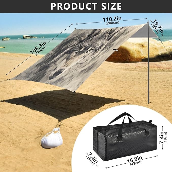 Dangerous Wolf Beach Tent Sun Shelter Set UPF50+ UV Protection 10.5 x 9.19 FT Camping Shade Canopy with Sandbags Sand Anchors Carrying Bag and Others