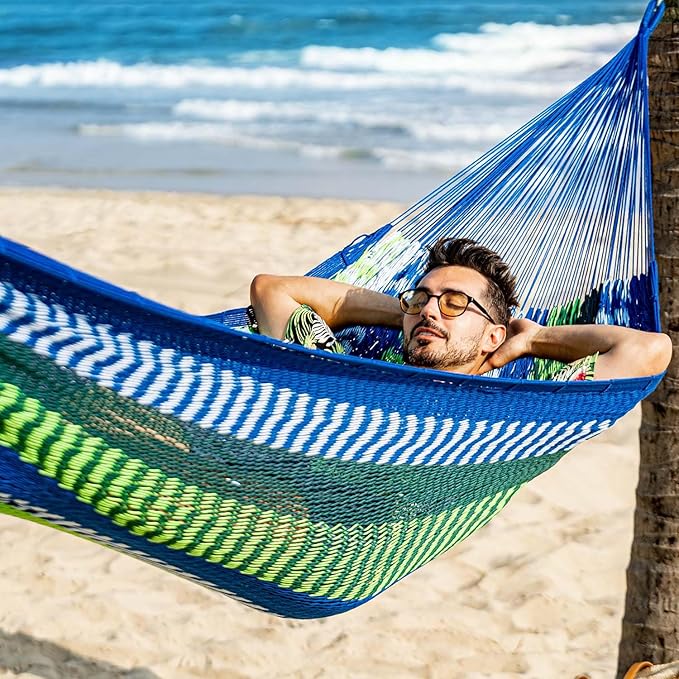 Lazy Daze Hammocks Handwoven Mayan Hammock 10.5 FT Soft Rope Double Hammocks Portable Outdoor Hammock with Carry Bag 2 Straps &amp Carabiners for Patio Outside 550 lbs Weight Capacity Blue/Green