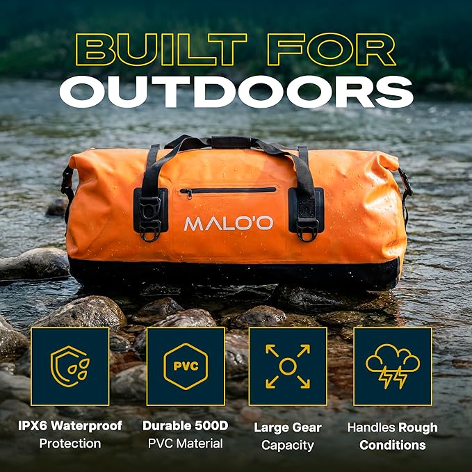 Malo’o Waterproof Dry Duffel Heavy-Duty Roll Top Waterproof Gear Bag with Shoulder Strap &amp Molle Loops Marine Duffel for Kayaking Boating Camping Beach &amp Travel Orange 100L