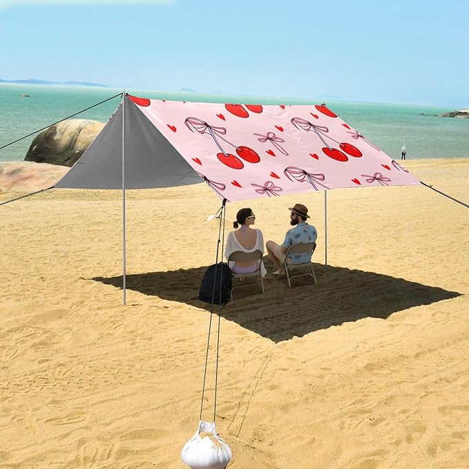 xigua Cherry Beach Tent Sun Shelter with Carrying Bag - Silver Coated Oxford Fabric Beach Canopy for Beach Camping Fishing - Includes Windproof Ropes Sandbags &amp Stakes