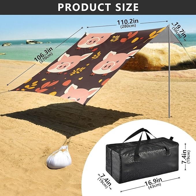 Little Pig Faces Foldable Beach Cabana UPF50 Easy Setup Large Sun Shelter with Sand Shovel for Camping Picnics Backyard