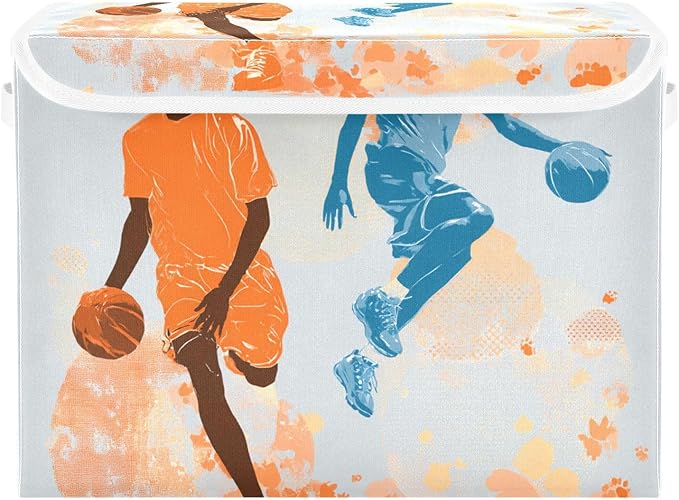 Orange Blue Basketball Players Splash Storage Box with Lid 1 PC Foldable Storage Bin with Lids Stackable Storage Bins Cube Closet Organizer Basket with Flip-Top Lid &amp Handles for Shoes Books Towel