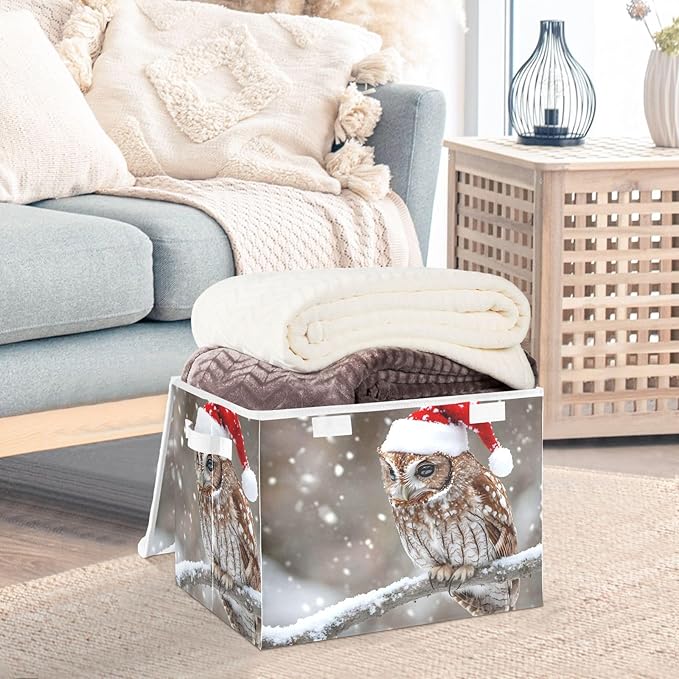 Storage Cube with Lid Christmas Owl Print 16.5×12.6×11.8 IN Collapsible Large Capacity Foldable Storage Basket Bin Organizer