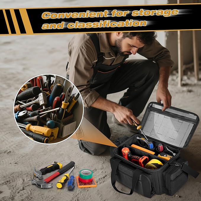 Tactical Tool Bag with Anti-friction Bottom Hand Tool Tote Storage Organizer for Men Small Range Bag for Electricians Carpenters Mechanics and Repairman Black