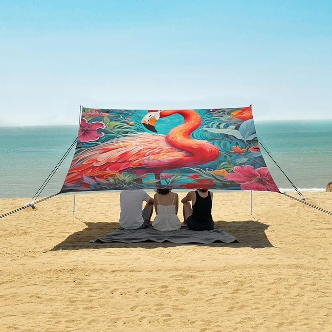 ALAZA Tropic Flamingo Flowers Chameleon Beach Tent Sun Shelter Portable Canopy Sunshade for Outdoor Camping Picnics Backyard Fun 10x9 ft