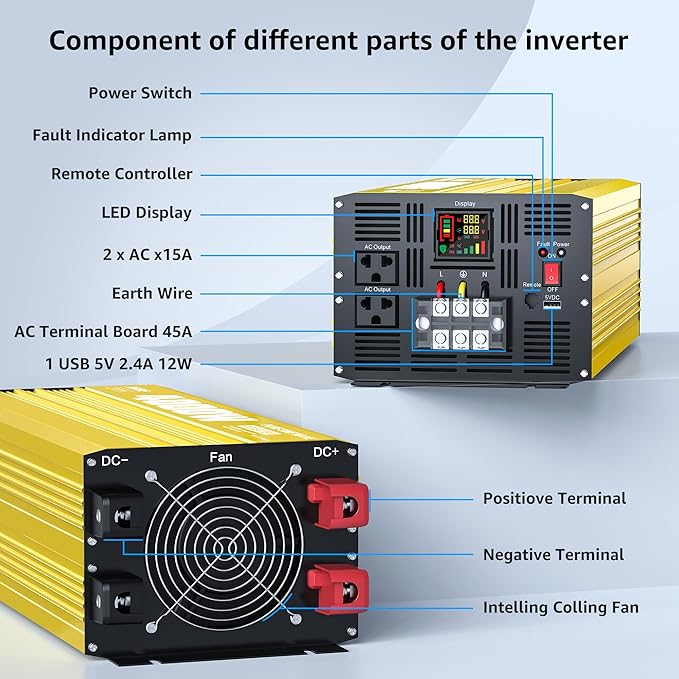 XWJNE 4000W Pure Sine Wave Power Inverter 24V DC to 120V AC Converter with LED Display and Remote Controller for Home RV Truck Off-Grid Solar Power