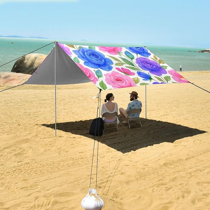Beach Canopy with Windproof Ropes &amp Sandbags Beach Tent Sun Shade Sun Shelter for Camping Trips Fishing Backyard Fun or Picnics Roses and Peonies
