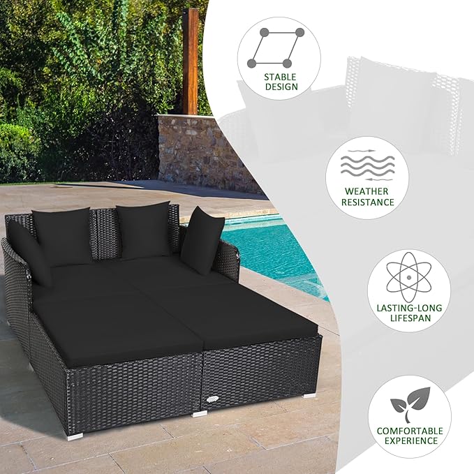 Tangkula Outdoor Rattan Daybed Wicker Furniture with Spacious Seat Upholstered Cushion &amp High-Resilience Sponge Patio Sofa Set with 4 Pillows 2-Person Sunbed for Poolside Backyard Garden &amp
