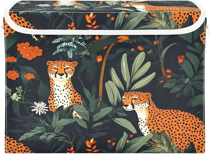 Doodle Leopard and Flower Foldable Storage Baskets Fabric Boxes with Handle Organizers with Flip-Top Lids Storage Bins for Home Bedroom Office