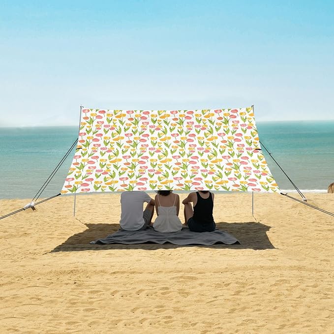 ALAZA Tulip Flower Floral Beach Tent Sun Shelter UPF50+ Protection Beach Shade Canopy w/ 4 Sandbags for Outdoor Camping Fishing Backyard Fun Picnic 10x9 ft