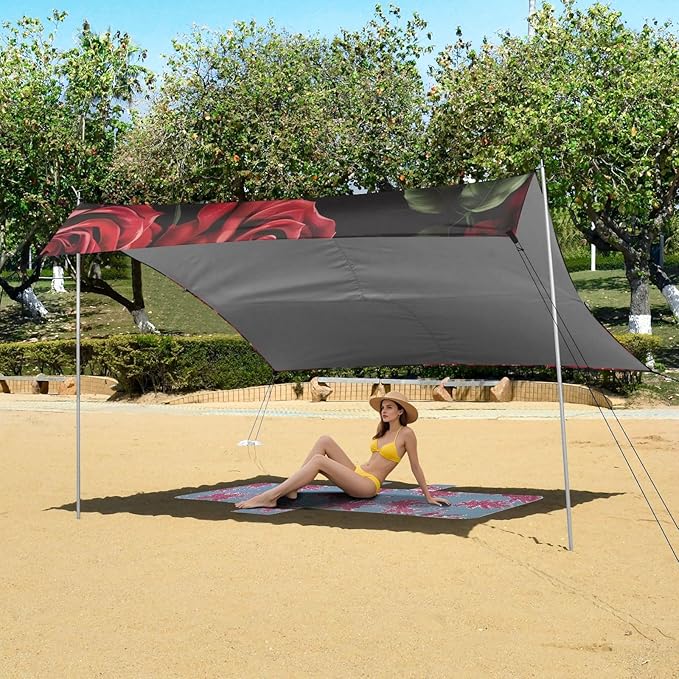 ALAZA Roses Green Leave Beach Tent Sun Shelter Portable Canopy Sunshade for Outdoor Camping Picnics Backyard Fun 10x9 ft