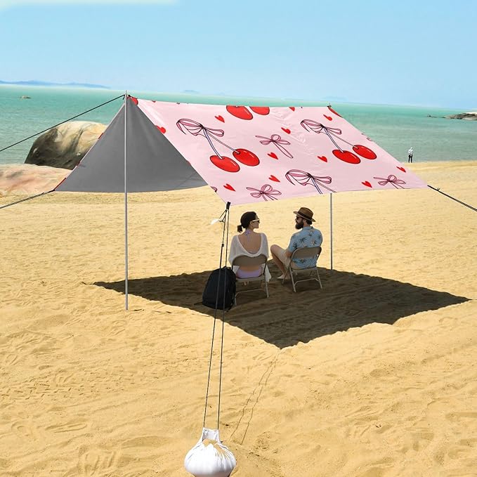 Beach Canopy with Windproof Ropes &amp Sandbags Beach Tent Sun Shade Sun Shelter for Camping Trips Fishing Backyard Fun or Picnics Cherry