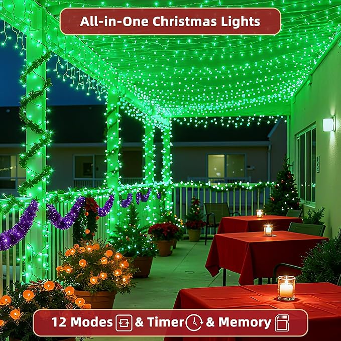 240FT Christmas Lights Outdoor 750 LED Christmas Tree Decoration Lights with 12 Modes &amp Timer Memory Dimmable Plug in Waterproof LED Xmas Light for Yard Trees Wedding Party Holiday Green