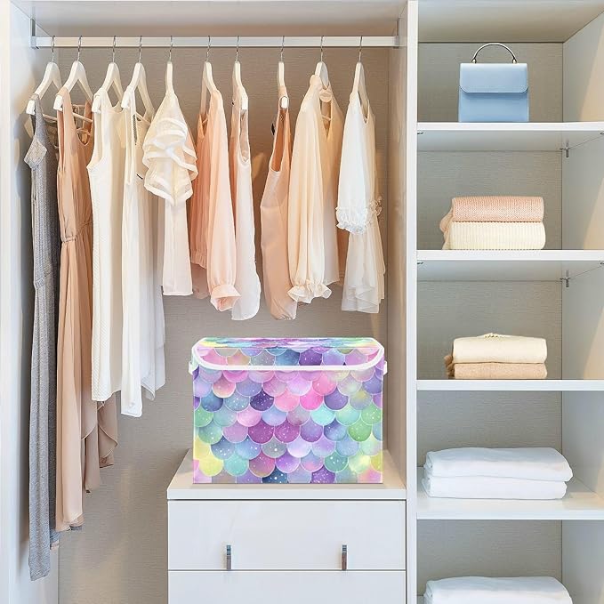 Collapsible Storage Bins with Lids Decorative Fabric Storage Cubes Closet Organizer and Storage Basket Boxes Containers for Clothes Box Chest Nursery Folding Rectangle Purple Mermaid Scale