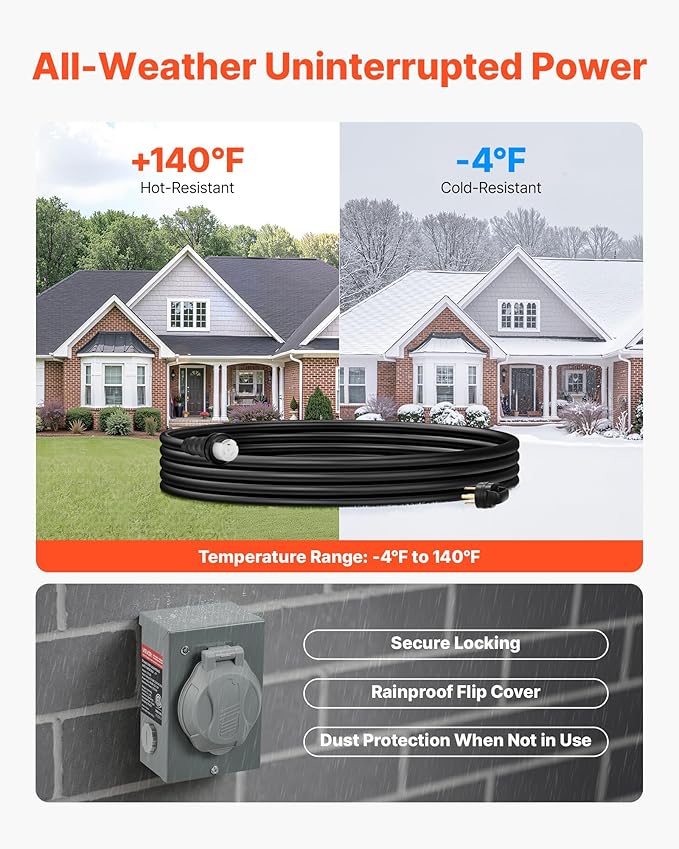 VEVOR 50 Amp Generator Cord and Power Inlet Box 10FT 125V/250V STW 6/3 + 8/1 AWG Extension Power Cord NEMA 14-50P to SS2-50R Twist Lock Connector Inlet Box Kit for Generator to House ETL Listed