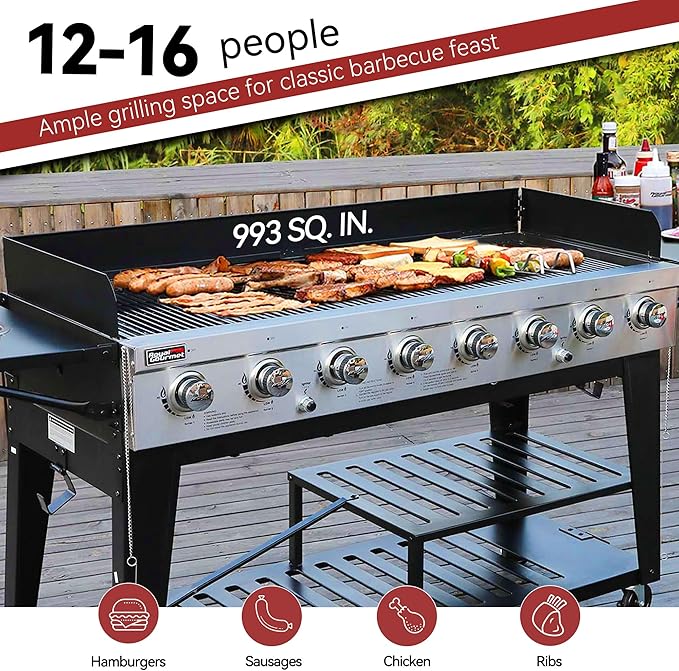 Royal Gourmet 8-Burner Gas Grill 104000 BTU Liquid Propane Grill Independently Controlled Dual Systems Outdoor Party or Backyard BBQ Black