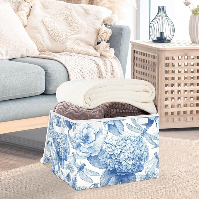 Collapsible Storage Bins with Lids Decorative Fabric Storage Cubes Closet Organizer and Storage Basket Boxes Containers for Clothes Box Chest Folding Rectangle Blue Hydrangeas Butterf