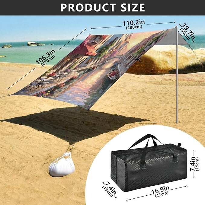 xigua Landscape Beach Tent Sun Shelter with Carrying Bag - Silver Coated Oxford Fabric Beach Canopy for Beach Camping Fishing - Includes Windproof Ropes Sandbags &amp Stakes