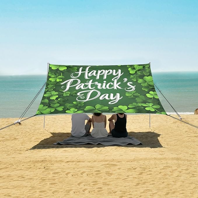 xigua St. Patrick's Day Beach Tent Sun Shelter with Carrying Bag - Silver Coated Oxford Fabric Beach Canopy for Beach Camping Fishing - Includes Windproof Ropes Sandbags &amp Stakes