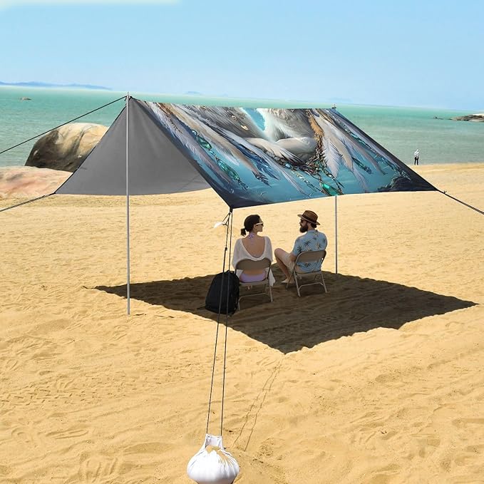 ALAZA Arctic Wolf Dreamcatcher Beach Tent Sun Shelter UPF50+ Protection Beach Shade Canopy w/ 4 Sandbags for Outdoor Camping Fishing Backyard Fun Picnic 10x9 ft