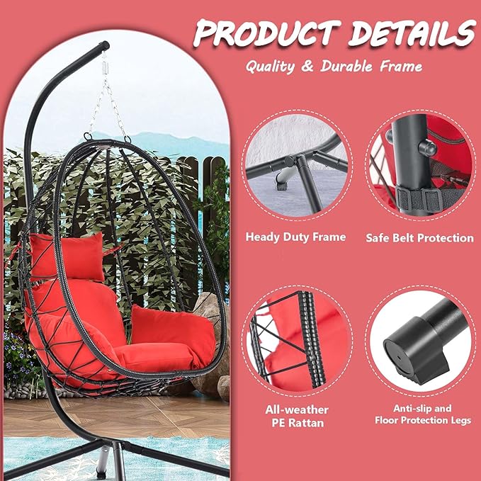 Hanging Egg Chair with Stand Black Wicker Rattan Swing Egg Chair Indoor Outdoor Swing Chair for Patio Balcony Porch Bedroom 350 LBS Capacity (Red)