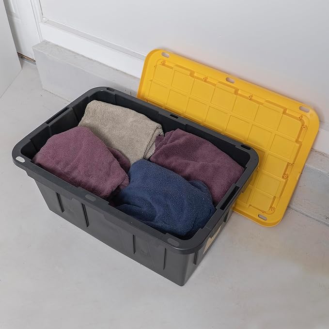CX BLACK &amp YELLOW 27-Gallon Heavy Duty Storage Bins with Lids Stackable Plastic Storage Bins with Weather-Resistant Design Home Organization 2 Pack (14.3H x 20.6W x 30.6D)