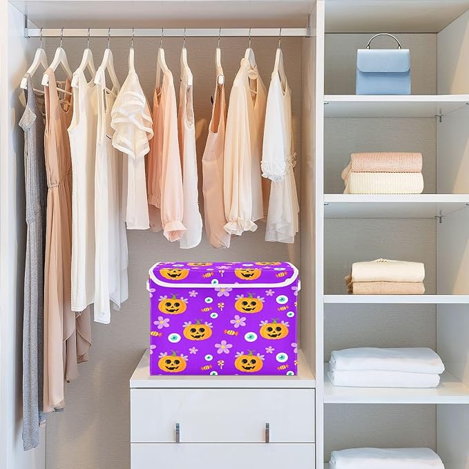 Storage Baskets with Lids Cute Pumpkins Collapsible Stackable Fabric Organizer Baskets for Closet 16.5x12.6x11.8 Inch Foldable Home Storage Containers for Shelves