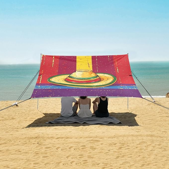 Mexican Style Cinco De Mayo Chili Beach Cabana Tent UPF50+ Protection Water-Resistant Large Portable Sun Shelter with Sturdy Poles Sandbags and Shovel for Family Trips Picnics &amp Camping