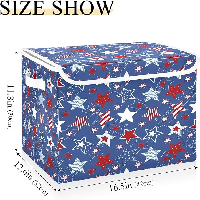 July 4th Patriotic Storage Bins with Lids Large Stars and Stripes Storage Basket with Handles Foldable Fabric Storage Box Organizer for Clothes Closet Cabinet Home Office Bedroom