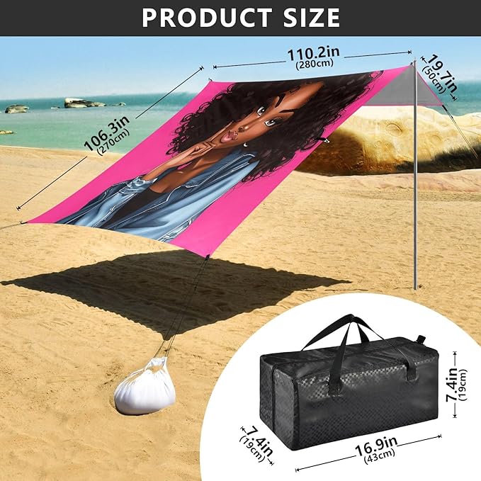 ALAZA Afro Girl Afircan American Beach Tent Sun Shelter UPF50+ Protection Beach Shade Canopy w/ 4 Sandbags for Outdoor Camping Fishing Backyard Fun Picnic 10x9 ft