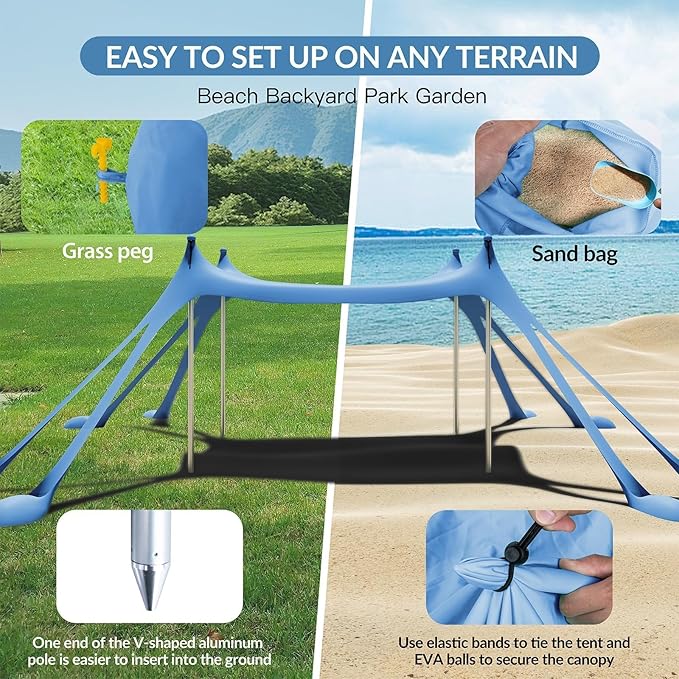 Gardentime Beach Tent Canopy with 8 Sandbags 4 Aluminum Poles Pop Up Portable Camping Sun Shelter Easy Set Up with 2 Sand Shovel Ground Pegs Carrying Bag for Outdoor BeachPicnic Fishing