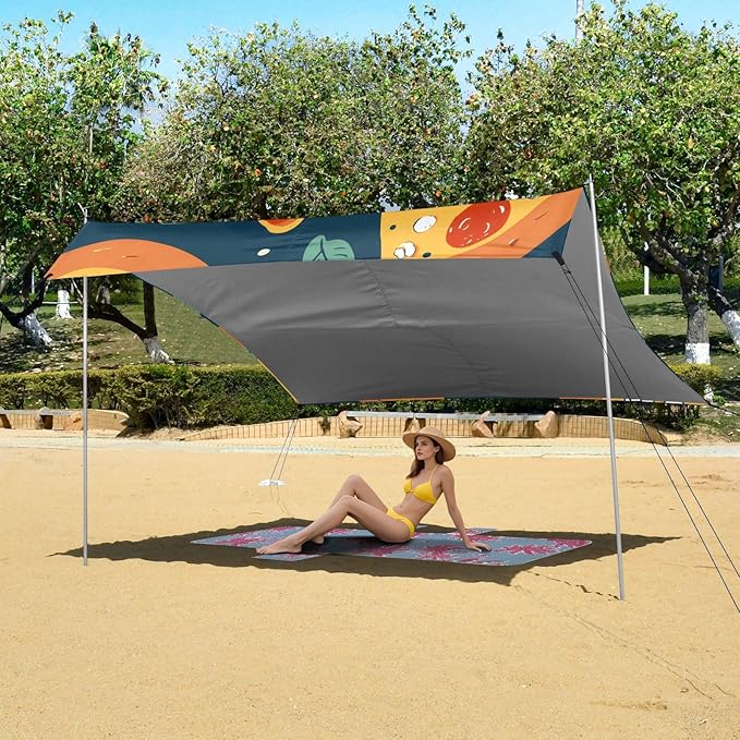 ALAZA Flat Pizza Leave Pattern Beach Tent Sun Shelter Portable Canopy Sunshade for Outdoor Camping Picnics Backyard Fun 10x9 ft