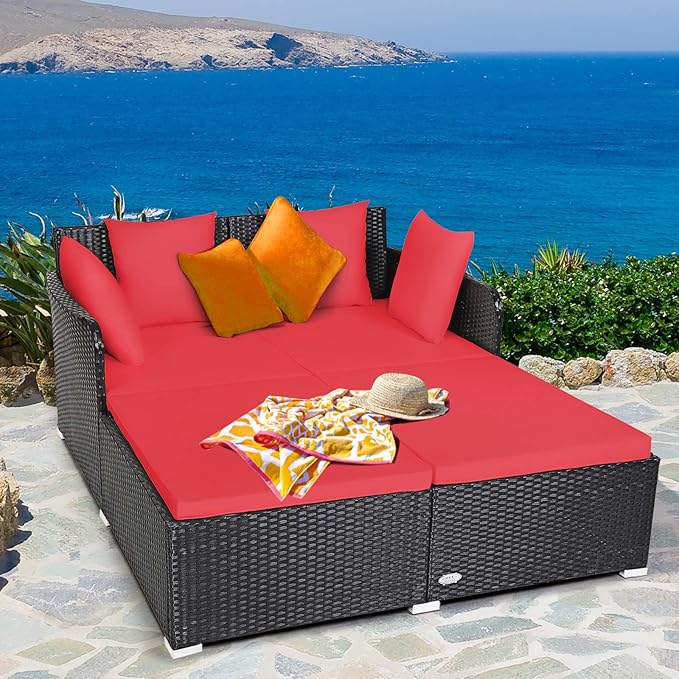 Tangkula Outdoor Rattan Daybed Sunbed Wicker Furniture w/Spacious Seat Upholstered Cushion &amp High-Resilience Sponge Wicker Patio Sofa Set w/Extra Pillows for Courtyard Poolside(Red)