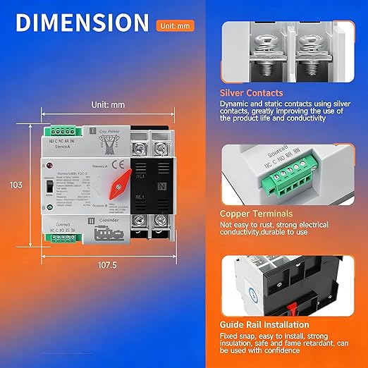 Mini ATS Automatic/Manual Transfer Switch 2P 100A AC110V 2POLE 100amps ATS Dual Power Switch for Home GeneratorDin Rail Mounted Controller Electrical Type RV Fast Transfer