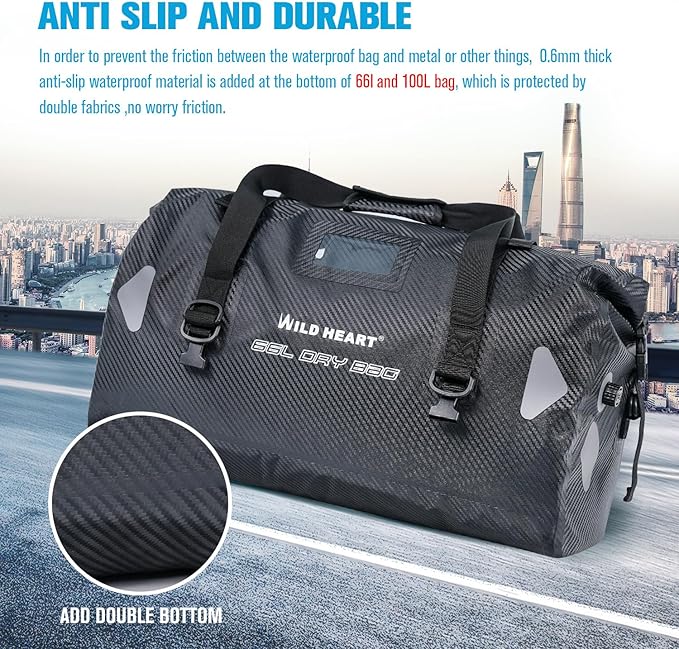 WILD HEART Waterproof Motorcycle Duffel Bag PVC500D Double-bottom With Rope Straps and Inner Pocket 40L 66L 100L for Kayaking Camping BoatingMotorcycle