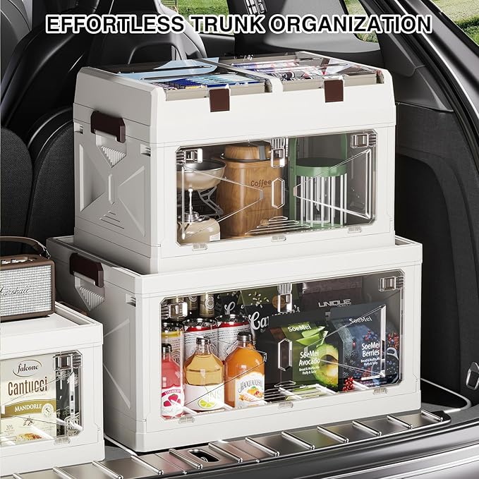 Closet Organizer and Storage Box Large Essential Collapsible Plastic Car Trunk Container with Clear Lids and Doors Open Front Multifunctional Stackable Bin for Bedroom Dorm Room Craft 50 L