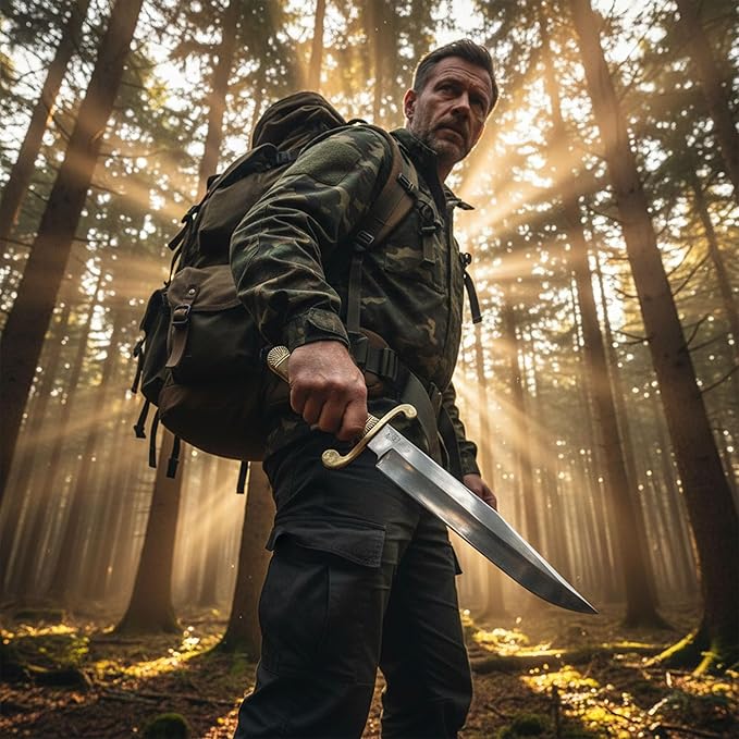SZCO Classic Bowie Knife 15 Inch - Hunting Knife with Carbon Steel Blade Bone Handle Brass guard and Leather Sheath - Pocket knife for for Hiking Camping &amp Hunting