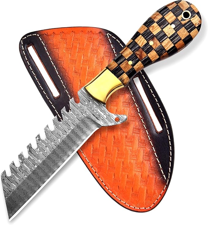 Handmade Damascus Bull Cutter Knife | 8 inch Sharp Western Cowboy Knifes with Pancake Leather Sheath | EDC Fixed Blade Hunting Knives ideal for Skinning Camping and Outdoor Activities