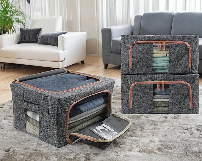 Linen Clothes Storage Bins 4PCS Sturdy Closet Organizers and Storage Bin with Metal Frame 2 Opening Ways Fabric Visible Lidded Storage Box for Organizing ClothingJeansSheets (4PC Gray 22Liters)