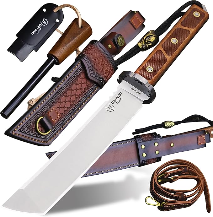 BA-KOR 7mm 9CR18MOV steel (15.6IN) sandalwood handle full Tang fixed knife+scabbard+(single shoulder strap)&amp(5.9IN) cerium igniter suitable for outdoor hunting camping survival EDC tool knife
