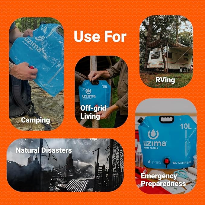 Uzima D-Prep Plus Emergency Water Filtration &amp Storage System – 10L Collapsible Gravity Water Storage Container with UZ-1 Filter for Safe Drinking – Portable Survival &amp Camping Bladder
