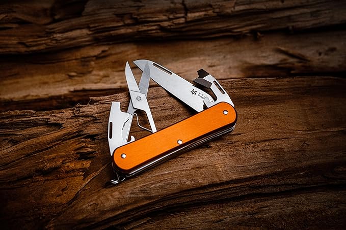 Fox Knives Vulpis FX-VP130-F4 Slipjoint Folding Knife 4-in-1 Multitool 2.17in Blade Bottle Opener Can Opener Flat Head Screwdriver Scissors - Compact Versatile Minimalist Pocket Knife (Orange)