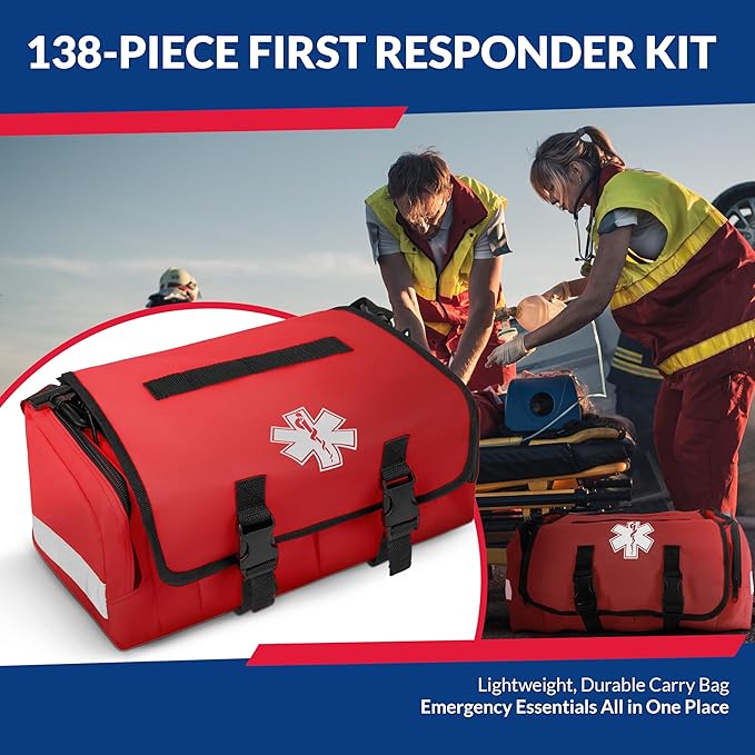 First Responder Trauma First Aid Kit Bag – Fully Stocked Emergency Medical Kit for Workplace Vehicle &amp Home – OSHA &amp ANSI Compliant – Portable – Red